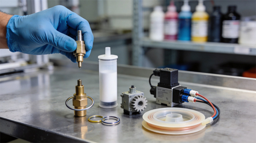CIJ printer spare parts on a maintenance workbench